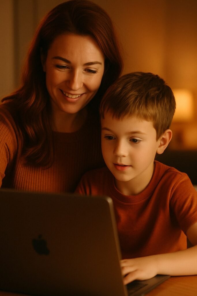 Foto di una mamma al computer con suo figlio: Screening ADHD e DSA per bambini